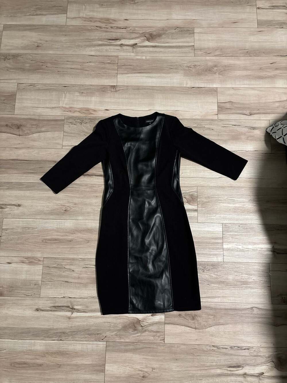 Addison Black Mixed Media Leather Panel Ponte Sheath Dress